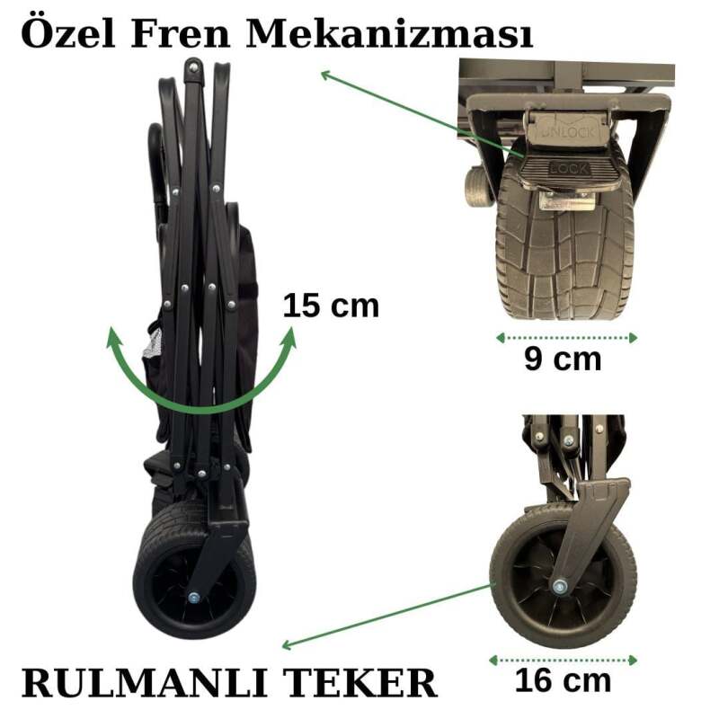 Windcamp Katlanır Kamp Arabası Frenli - XXL Siyah Unisex Kamp Arabası - 7